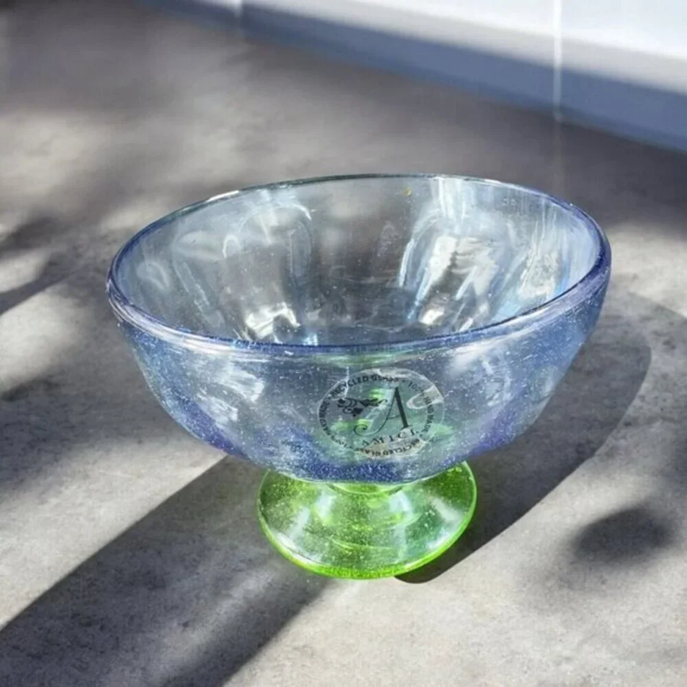Amici Art Glass Footed Compote Large Drinking Cup Bowl Blue‎ And Green Bottom